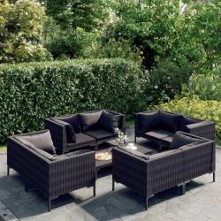 Salon de jardin 9 pcs avec coussins Résine tressée Gris foncé