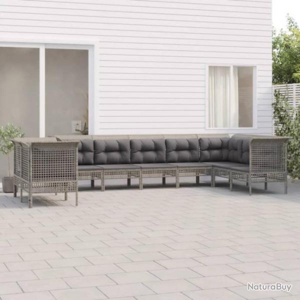 Salon de jardin 9 pcs avec coussins Gris Rsine tresse