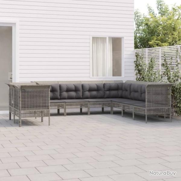 Salon de jardin 9 pcs avec coussins Gris Rsine tresse