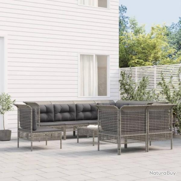 Salon de jardin 9 pcs avec coussins Gris Rsine tresse