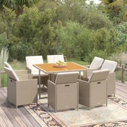 Meubles à dîner de jardin et coussins 9 pcs Poly rotin Beige