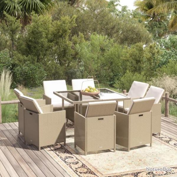 Meubles  dner de jardin et coussins 9 pcs Poly rotin Beige