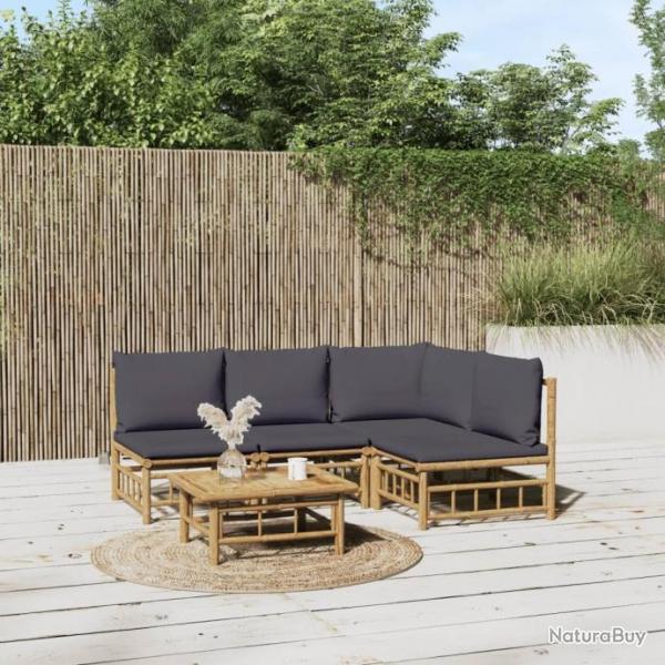 Salon de jardin 5 pcs avec coussins gris fonc bambou