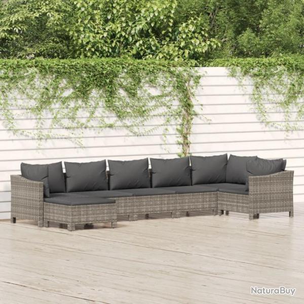 Salon de jardin 7 pcs avec coussins Gris Rsine tresse