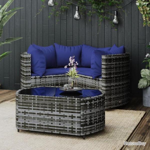 Salon de jardin 4 pcs avec coussins Gris Rsine tresse