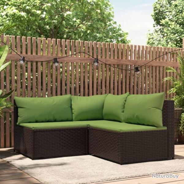 Salon de jardin 3 pcs avec coussins marron rsine tresse