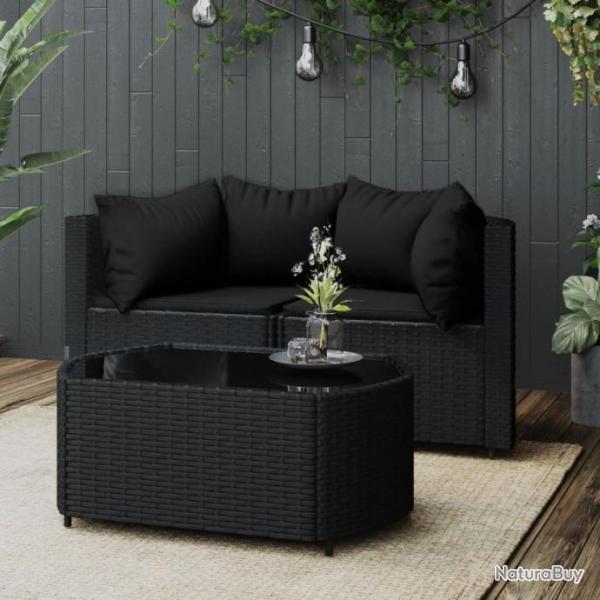 Salon de jardin 3 pcs avec coussins Noir Rsine tresse