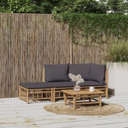 Salon de jardin 3 pcs avec coussins gris foncé bambou