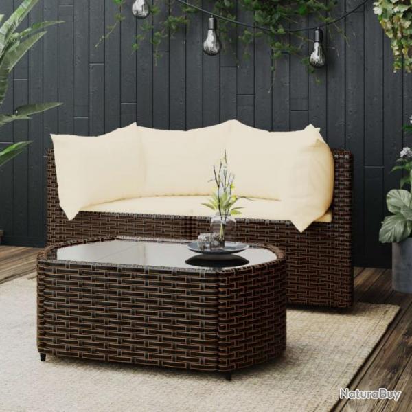 Salon de jardin 3 pcs avec coussins marron rsine tresse