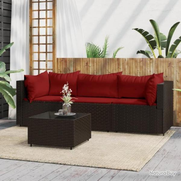 Salon de jardin 4 pcs avec coussins Marron Rsine tresse