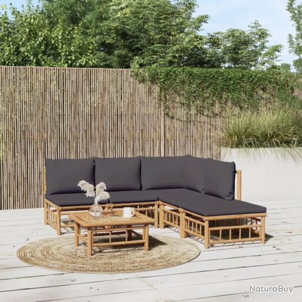 Salon de jardin 6 pcs avec coussins gris fonc bambou