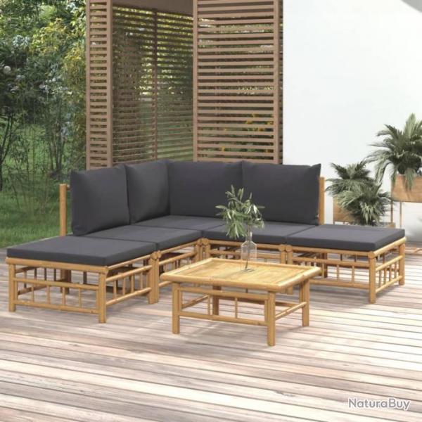 Salon de jardin 6 pcs avec coussins gris fonc bambou