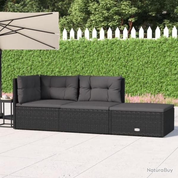 Salon de jardin 3 pcs avec coussins Noir Rsine tresse