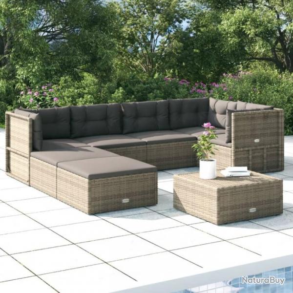 Salon de jardin 7 pcs avec coussins Gris Rsine tresse