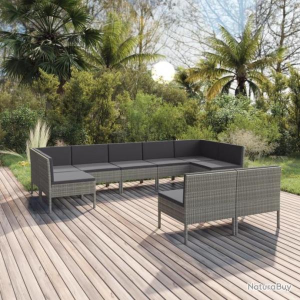 Salon de jardin 9 pcs avec coussins Rsine tresse Gris