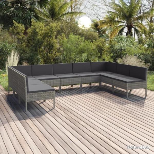 Salon de jardin 9 pcs avec coussins Rsine tresse Gris