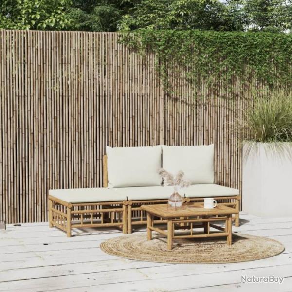 Salon de jardin 4 pcs avec coussins blanc crme bambou