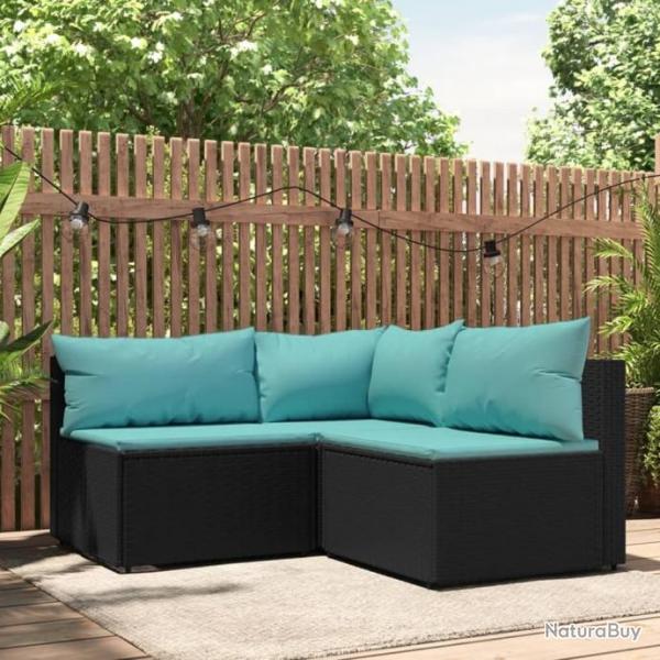 Salon de jardin 3 pcs avec coussins Noir Rsine tresse