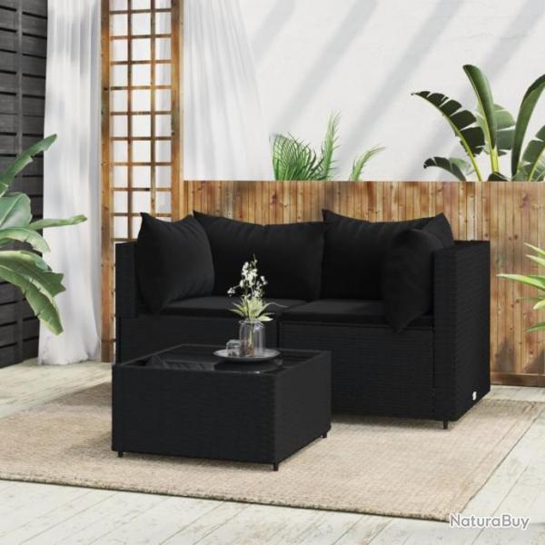 Salon de jardin 3 pcs avec coussins Noir Rsine tresse