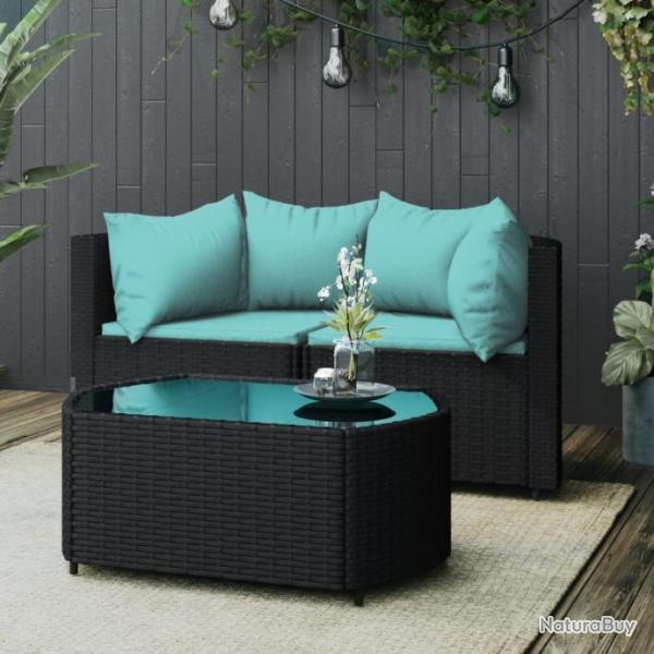 Salon de jardin 3 pcs avec coussins Noir Rsine tresse