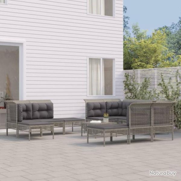 Salon de jardin 11 pcs avec coussins Gris Rsine tresse