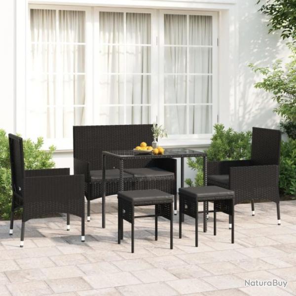 Salon de jardin 6 pcs avec coussins Noir Rsine tresse