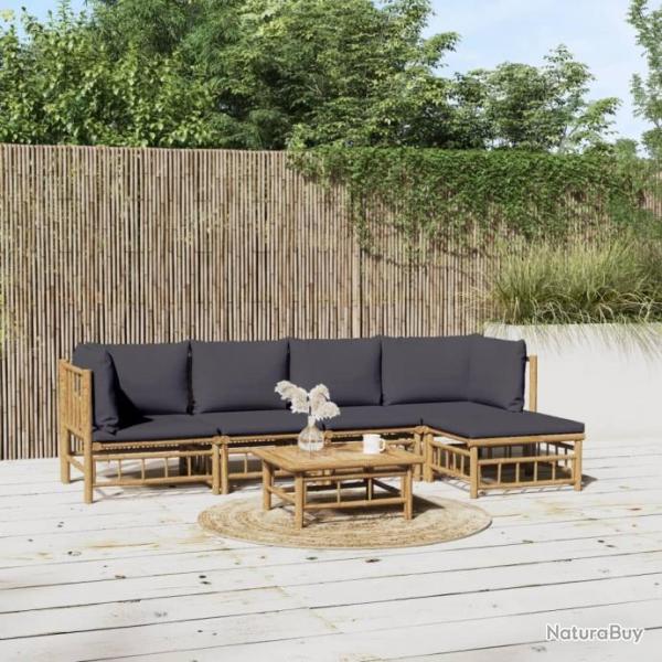 Salon de jardin 6 pcs avec coussins gris fonc bambou