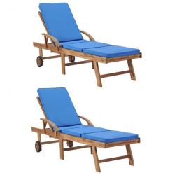 Chaises longues avec coussins 2 pcs Bois de teck solide Bleu