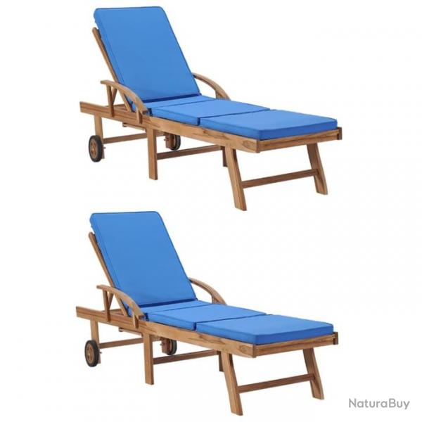 Chaises longues avec coussins 2 pcs Bois de teck solide Bleu