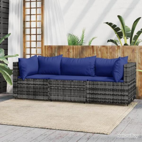 Salon de jardin 3 pcs avec coussins Gris Rsine tresse