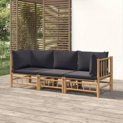 Salon de jardin 3 pcs avec coussins gris foncé bambou