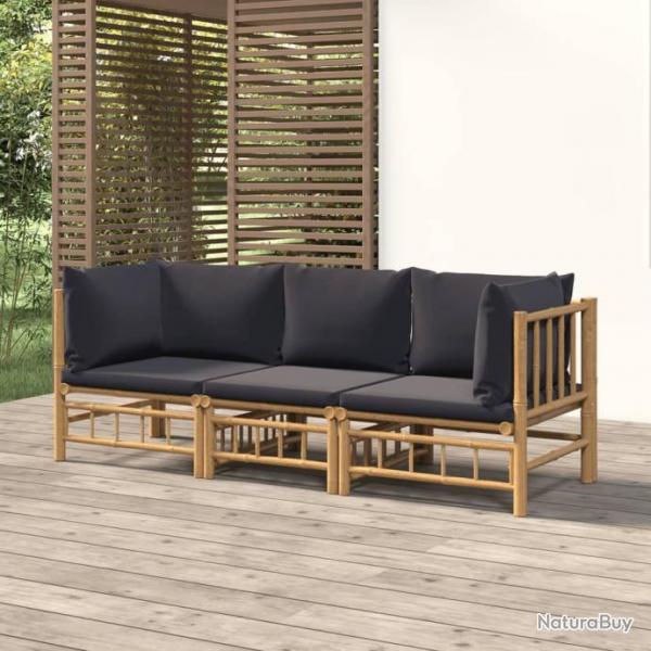 Salon de jardin 3 pcs avec coussins gris fonc bambou