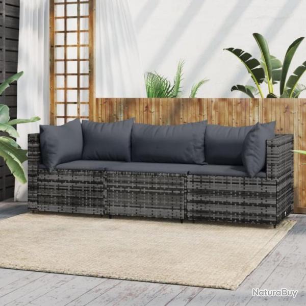 Salon de jardin 3 pcs avec coussins Gris Rsine tresse