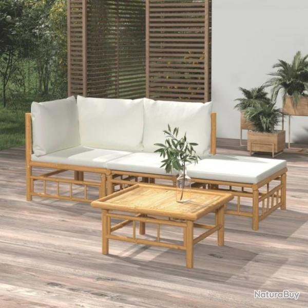 Salon de jardin 4 pcs avec coussins blanc crme bambou