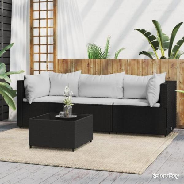 Salon de jardin 4 pcs avec coussins Noir Rsine tresse