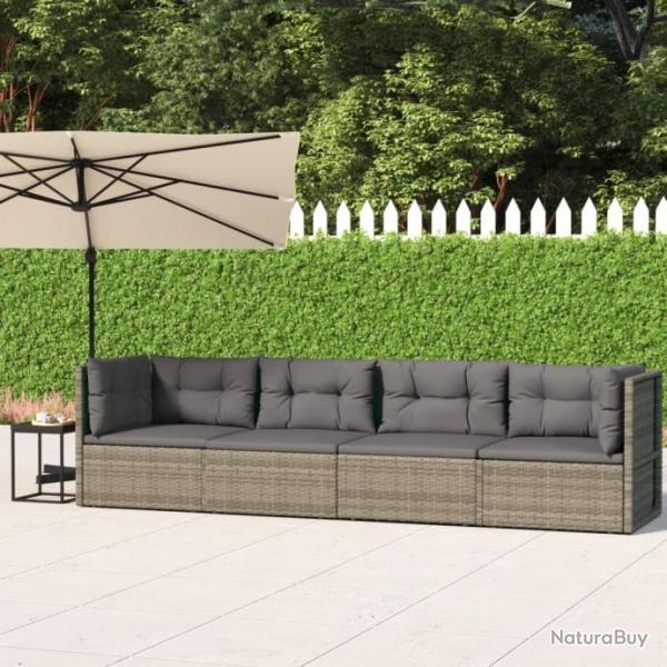 Salon de jardin 4 pcs avec coussins Gris Rsine tresse