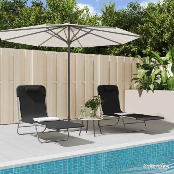 Chaises longues pliables 2 pcs noir textilne et acier