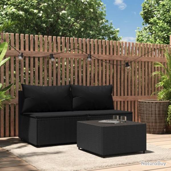 Salon de jardin 3 pcs avec coussins Noir Rsine tresse