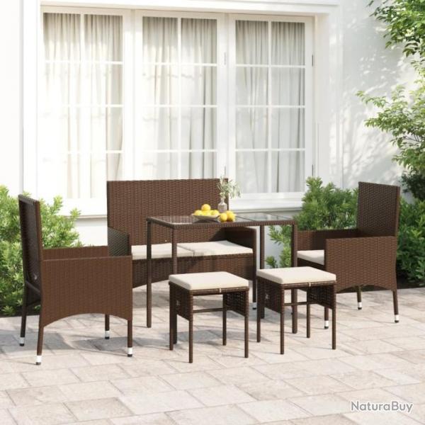 Salon de jardin 6 pcs avec coussins Marron Rsine tresse