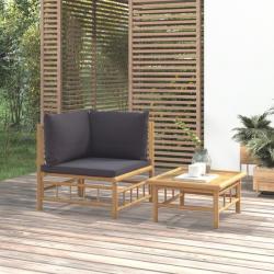 Salon de jardin 2 pcs avec coussins gris foncé bambou