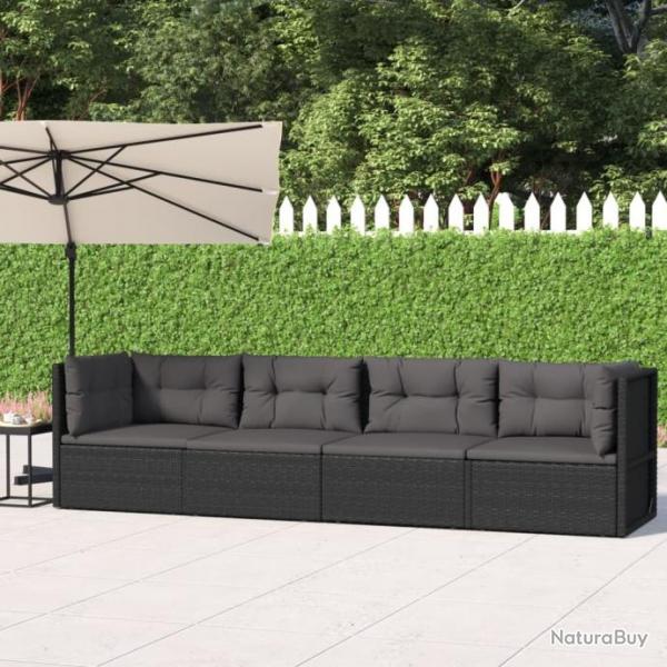 Salon de jardin 4 pcs avec coussins Noir Rsine tresse