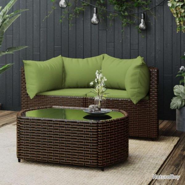 Salon de jardin 3 pcs avec coussins marron rsine tresse