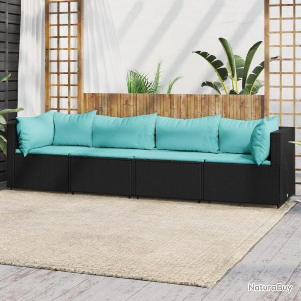 Salon de jardin 4 pcs avec coussins Noir Rsine tresse