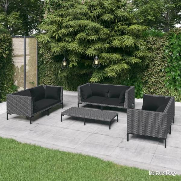 Salon de jardin 7 pcs avec coussins Rsine tresse Gris fonc