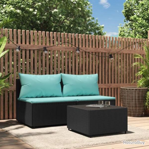 Salon de jardin 3 pcs avec coussins Noir Rsine tresse