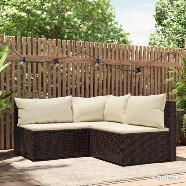 Salon de jardin 3 pcs avec coussins marron rsine tresse