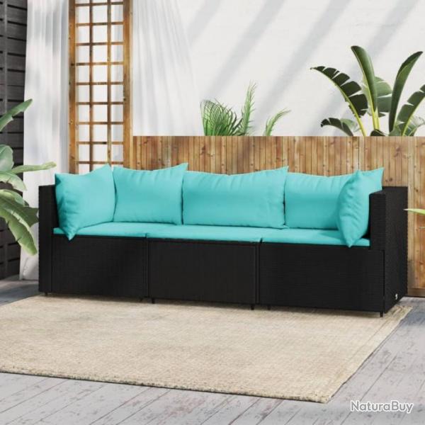 Salon de jardin 3 pcs avec coussins Noir Rsine tresse