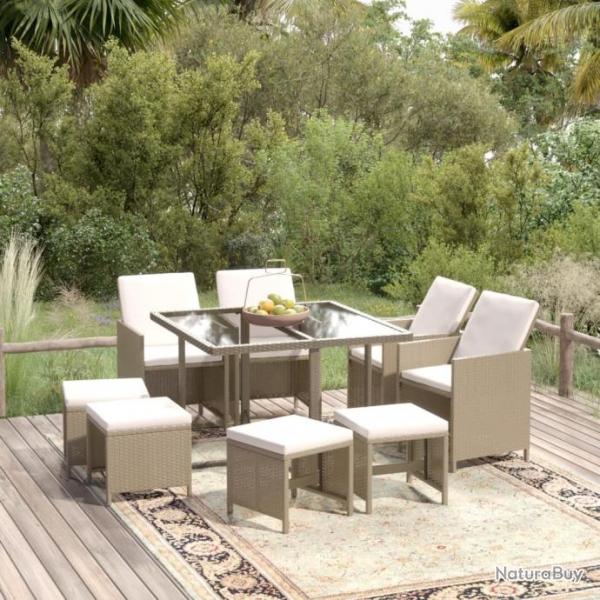 Meubles  dner de jardin et coussins 9 pcs Poly rotin Beige