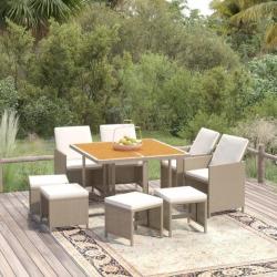 Meubles à dîner de jardin et coussins 9 pcs Poly rotin Beige