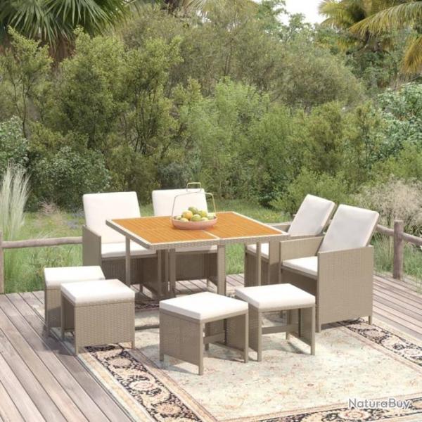 Meubles  dner de jardin et coussins 9 pcs Poly rotin Beige